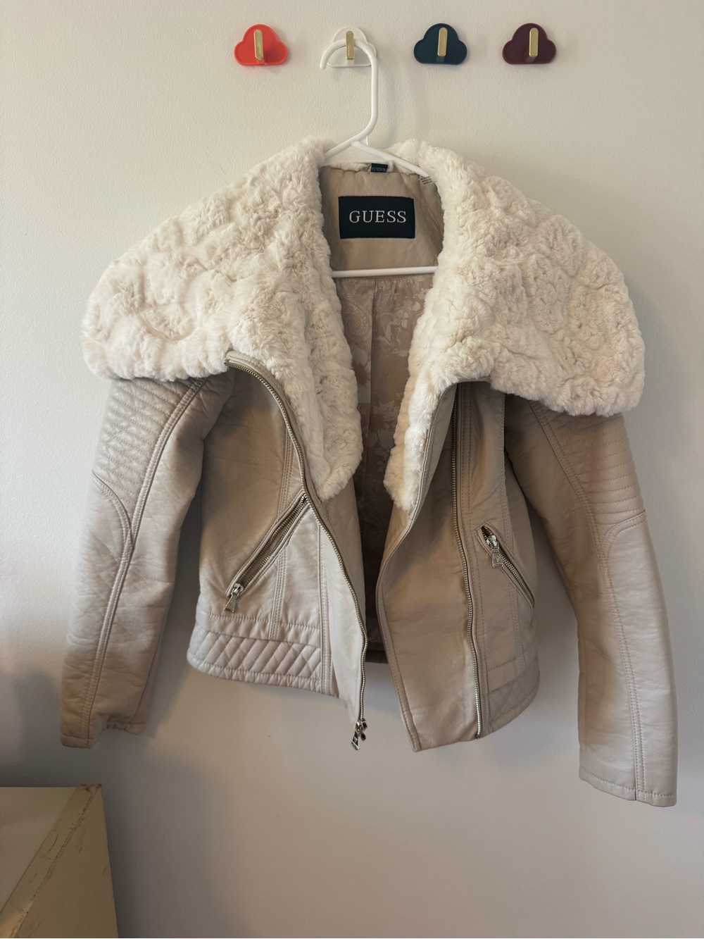 GUESS Cream Faux-Shearling Collar Leather Moto Jacket